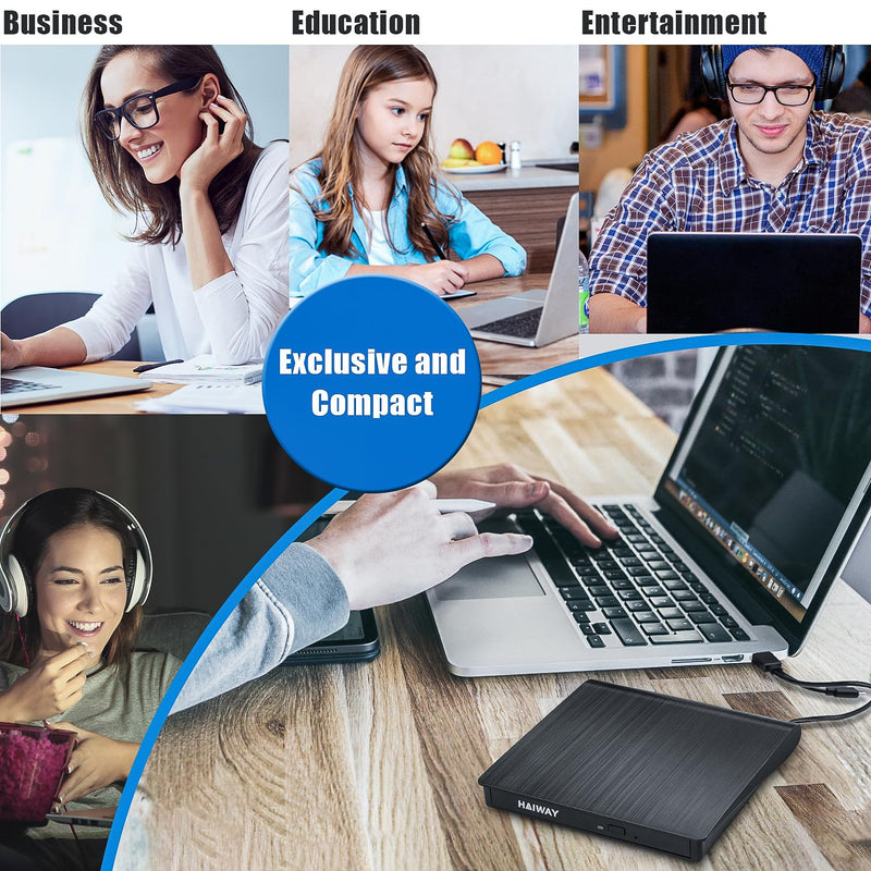 [AUSTRALIA] - Haiway External DVD Drive, USB 3.0 Type-C CD Burner Portable CD DVD +/-RW Optical Drive Slim CD DVD ROM Rewriter CD/DVD Player Writer Reader for Laptop Desktop MacBook PC Windows Linux Mac OS (Black) USB 3.0 USB-A & USB-C BK 