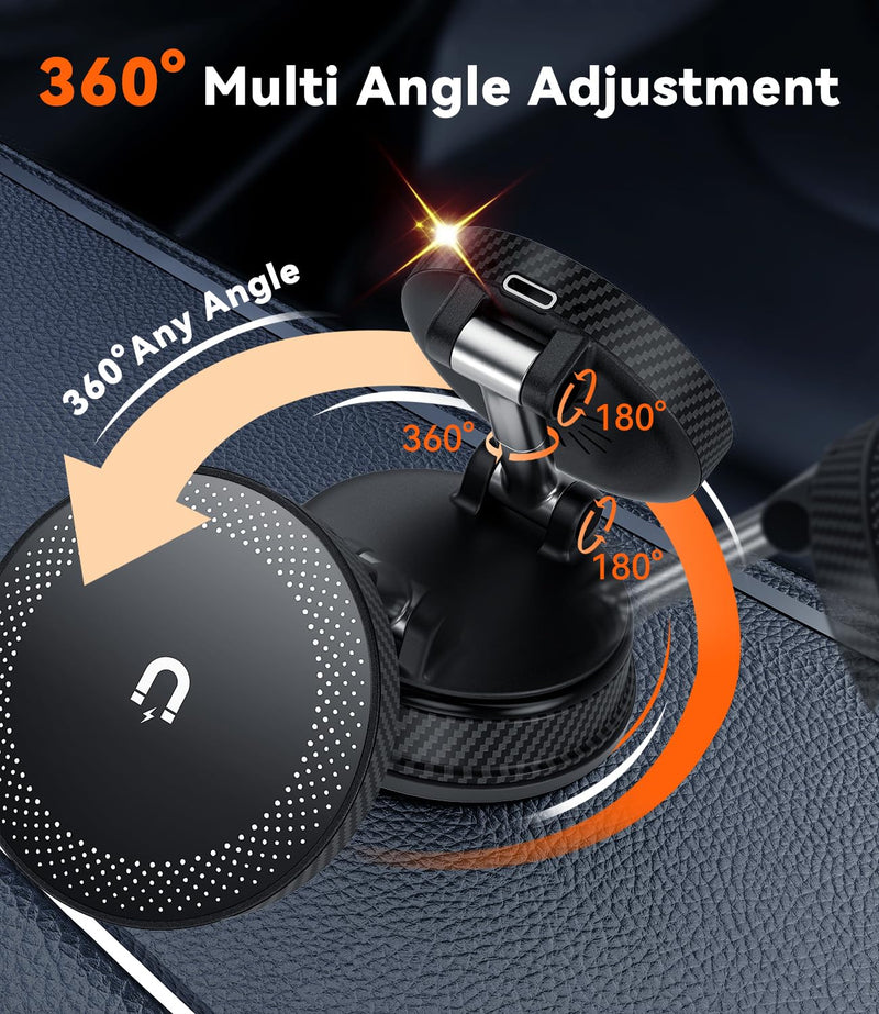 15W Fast Charging Car Phone Holder, [Strong Magnetic & Upgraded Vacuum Suction Cup] 360° Rotation Auto Phone Holder, Car Mount Wireless Charger for Magsafe iPhone 17-12 Series