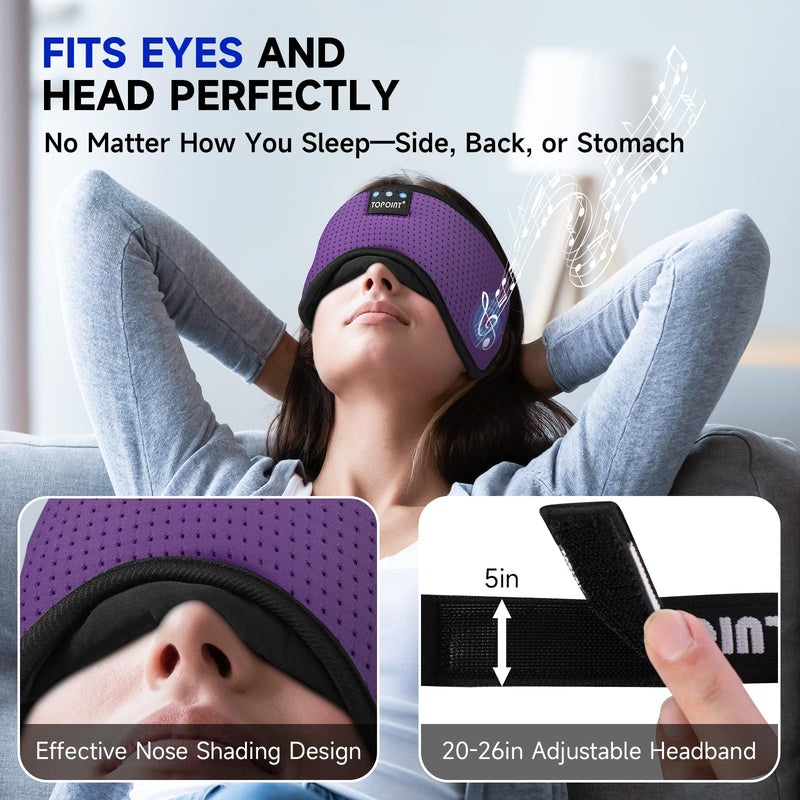 TOPOINT Sleep Mask Headphones Bluetooth Wireless 5.4, Breathable Cotton Eye Mask for Sleeping Side Sleepers Travel Music Headsets with Microphone Handsfree Men Women Deep Purple
