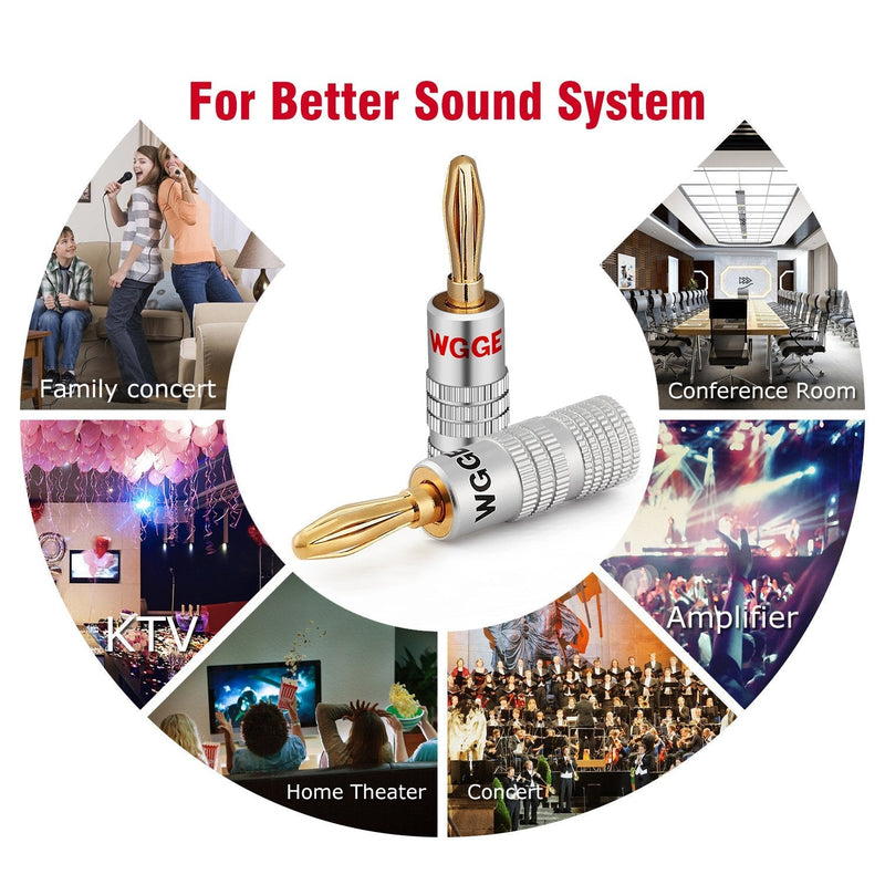 WGGE WG-009 Banana Plugs Audio Jack Connector 6 Pairs / 12 pcs, 24k Gold Dual Screw Lock Speaker Connector for Speaker Wire, Wall Plate, Home Theater, Audio/Video Receiver and Sound Systems 6 Pairs (12 plugs)