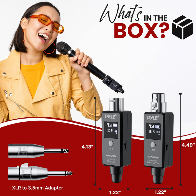 Pyle Multifunctional UHF Wireless XLR Adapter System,Transmitter And Receiver For Dynamic Microphones And Music Sources,48k Frequency Signal Transmission,USB Recharge Capable,90 Feet Range,Dark Gray Sound And Recording Equipment
