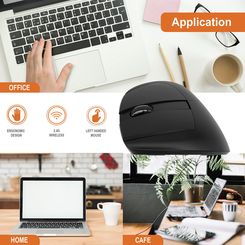 J-Tech Digital Left Handed Wireless Ergonomic Vertical Mouse for Small Hands with USB Nano Transceiver, AA Battery, 4 DPI, Compatible with Mac and PC, Black [V628ML]