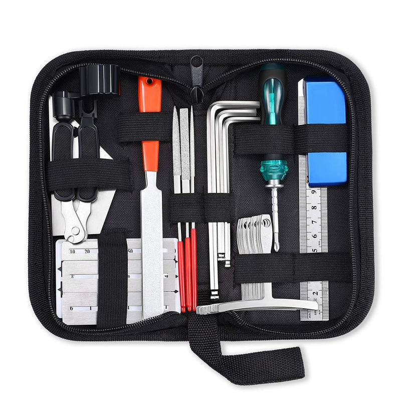 25Pcs Guitar Repairing Tools Kit Setup Kit with Carry Bag for Acoustic Electric guitar Ukulele Bass Banjo Maintenance Tool with Ruler Gauge Measuring Tool Hex Wrench Files Fingerboard Guard