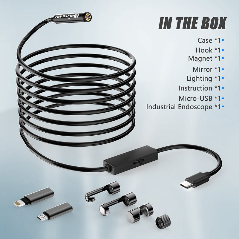 1920P Endoscope Snake Inspection Camera, Lightswim Type C Borescope, Scope Camera with 8 LED Lights for Android and iOS Smartphone, iPhone, iPad, Samsung (16.5 FT/5M) TENG-W400-ONE
