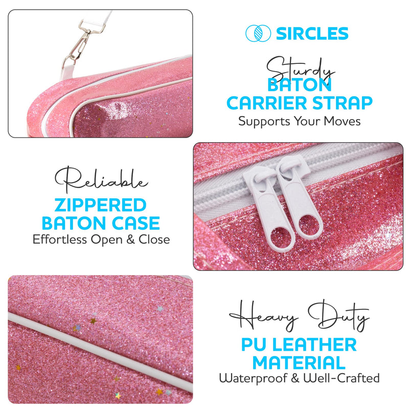 Twirling Baton Bag Case with Adjustable Shoulder Strap - Pink Sparkle Case for Majorette Marching Dance Batons - Complete with 2 Rainbow Dance Ribbons Baton Bag Pink