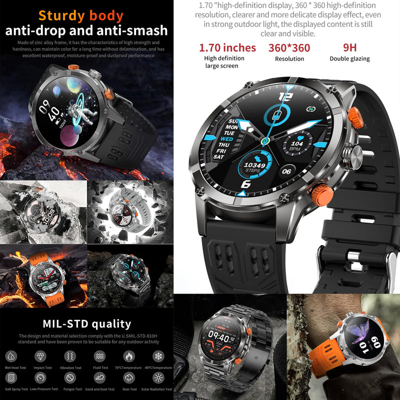 1.7" AMOLED Smart Watch for Men (Make/Answer Call), Mens Smartwatches with Flashlight, 710mAh Battery，Fitness Tracker Smartwatch for Android iPhones, Digital Watches Step Counter, 2 Straps (Silver) Silver