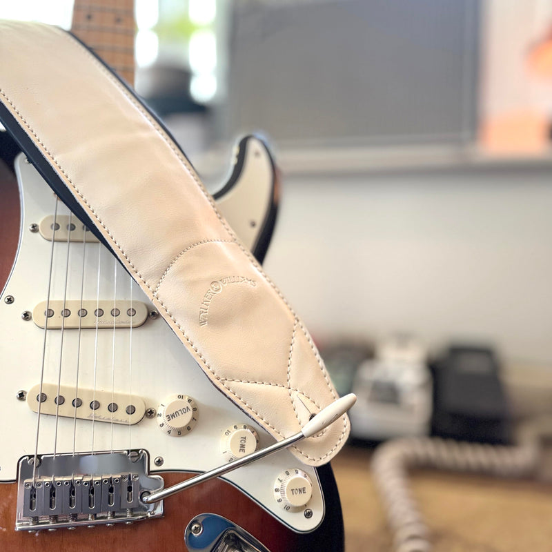 Walker & Williams B4B-WHT Aged White Semi Gloss 4" Wide Double Padded Premium Heirloom Grain Leather Guitar And Bass Strap For Acoustic, Electric, And Bass Guitars