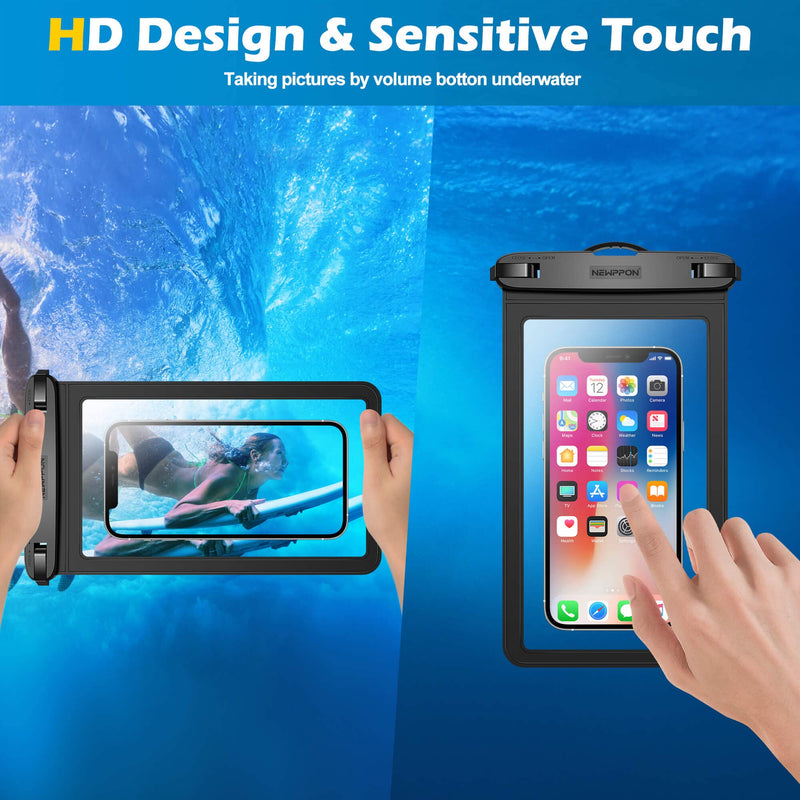 newppon Large Waterproof Phone Pouch : 2 Pack Underwater Clear Cellphone Holder - Universal Water-Resistant Dry Bag Case with Neck Lanyard for iPhone Samsung Galaxy for Beach Swimming Pool Black+Black