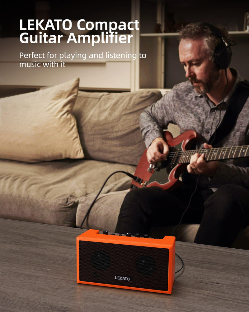 LEKATO Mini Guitar Amplifier with Clean Overdrive Effects 5W Rchargeable Electric Guitar Amp Small Bass Amplifier Bluetooth Bass Amplifier for Daily Practice,Orange Orange
