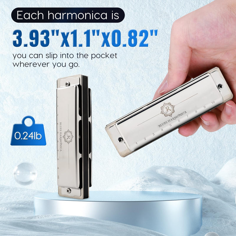 Harmonica Key of C 10 Holes 20 Tones Blues Harp Diatonic Mouth Organ Armonica with EVA Protective Case for Adults Beginner Intermediate Rock Jazz Gift Silver JDR North