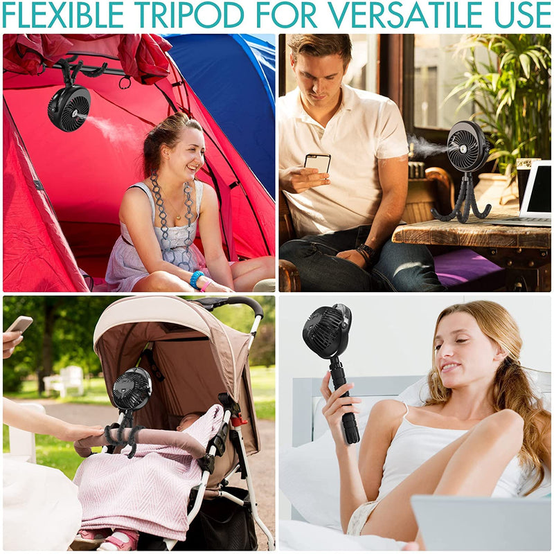 Misting Stroller Fan, 2500mAh Battery Powered Personal Desk Air Circulator Fan with Flexible Tripod, Ultra Quiet 3 Speed 270° & 360° Rotatable USB Fan for Stroller Office Camping Hurricane Outage,Black Black