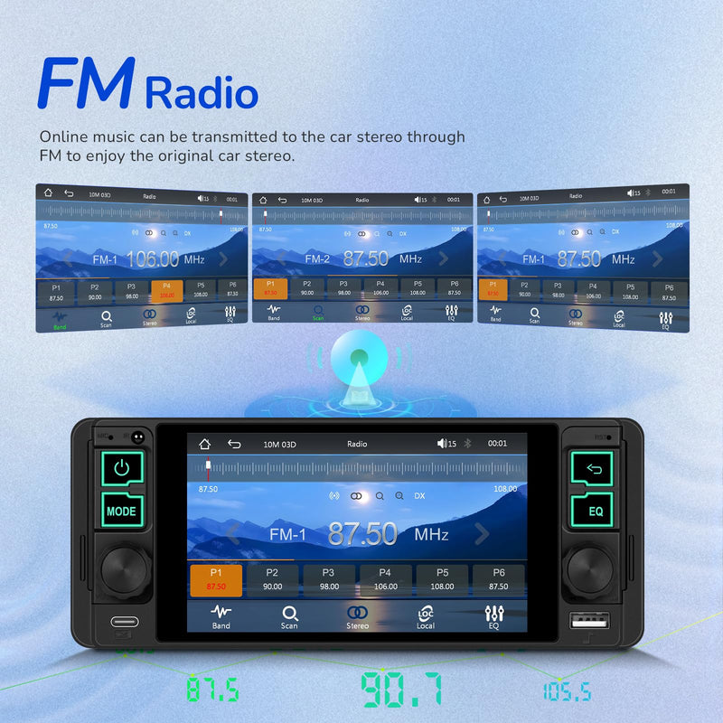 Single Din Radio Car Stereo with Wireless and Wired CarPlay & Android Auto 5.1" with Bluetooth 5.2 Car Audio Receiver AM&FM, EQ, TF, AUX＆USB, Fast Charging, AHD Backup Camera MIC