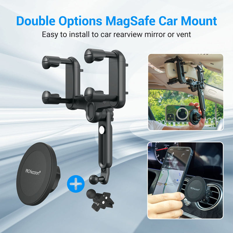 PROfezzion Car Rearview Mirror Magnetic Phone Mount Holder for MagSafe | Vent Clip Included, No Vibrating, Eye-level View, Length & Angle Adjustment, for iPhone 17 16 15 14 13 Pro Max & All Phones Car Rearview Mirror or Vent
