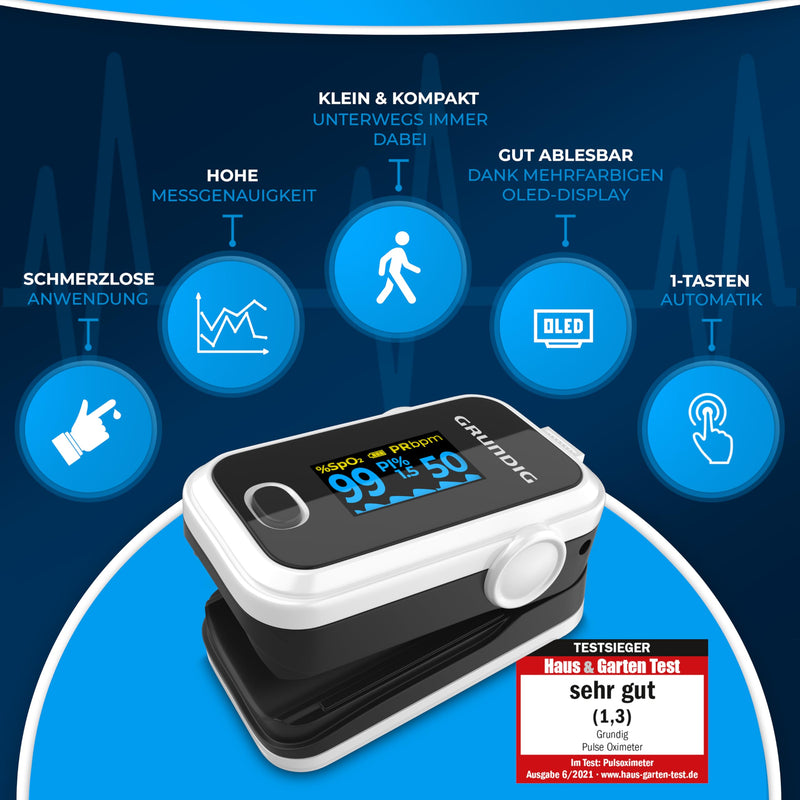 GRUNDIG Pulse Oximeter Oxygen Saturation Oximeter Test Winner - High Precision Finger Oximeter Meter for Accurate Measurement of Oxygen Saturation in the Blood - Finger Measuring Device Pulse Monitor White