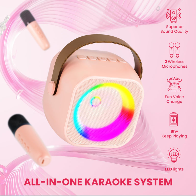Karaoke Machine for Kids Adults, Mini Portable Bluetooth Karaoke Speaker with 2 Wireless Microphone and Lights, Birthday Gifts for Girls Ages 4, 5, 6, 7, 8, 9, 10, 12+ Family Home Party 2 Mics Pinkcolor