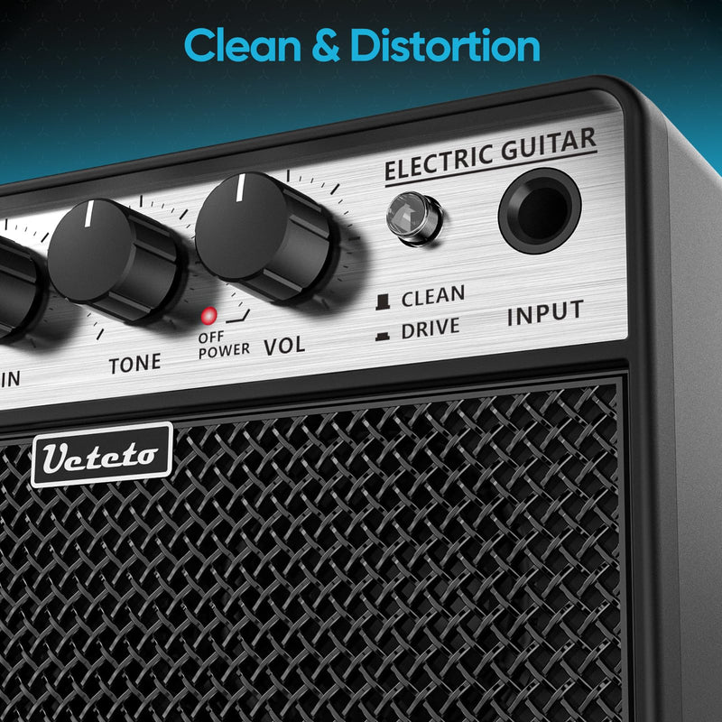 Ueteto 10W Mini Guitar Amp, Portable and Rechargeable Electric Guitar Practice Amplifier with Clean and Drive Channels Black