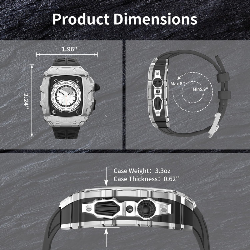 Luxury Rugged Case with Band Compatible for Apple Watch Series 9 8 7 45mm / SE 6 5 4 44mm, Metal Alloy Military Protective Bumper Cover, Tactical Heavy Duty Full Body Protection for Men iWatch Silver Black