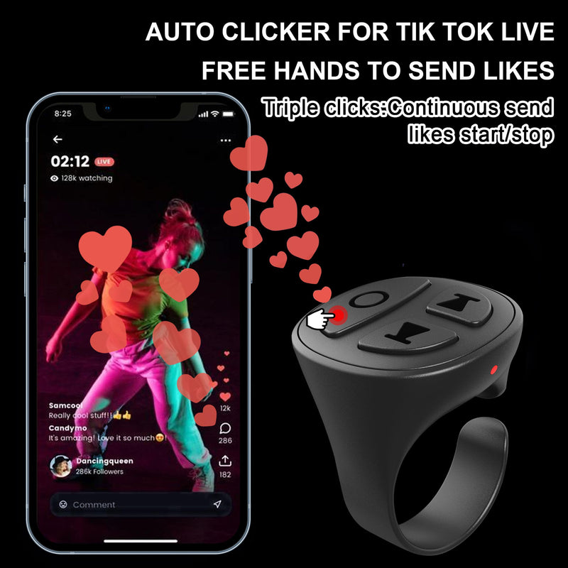 Tiktok Scrolling Ring Bluetooth Camera Remote Control for iPhone TIK Tok Scrolling Ring Page Turner for Kindle App (Not for Kindle Devices) (D02, Black) D02