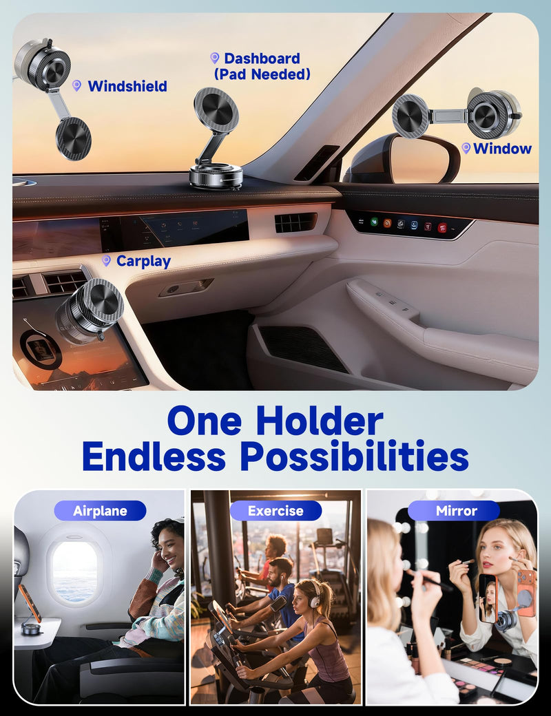 Magsafe Car Mount, Vacuum Magnetic Phone Holders for Your Car | [Easiest Mount] 105LBS Strong Suction Car Phone Holder, [Compact Design] Car Phone Mount, for iPhone 17-12, Pixel 10, Samsung Black