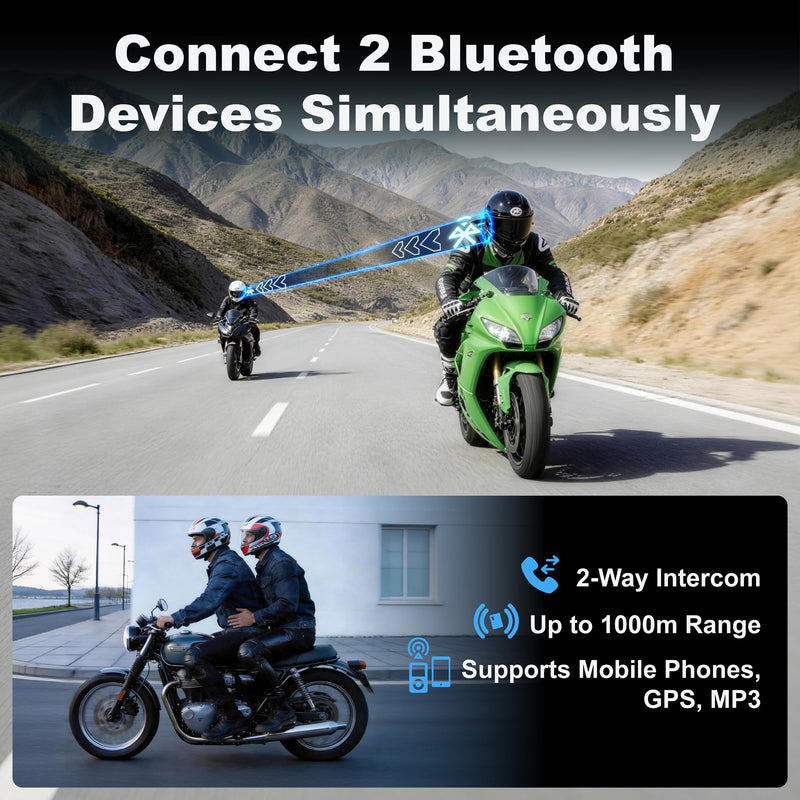 Motorcycle Helmet Bluetooth Headset - V5.4 Motorcycle Communication System | 2-Way Helmet Intercom, Helmet Speakers & Mics CVC/DSP Noise Cancellation, IP67 Waterproof, Hands-Free Call Music Black Body with Colorful Lighting
