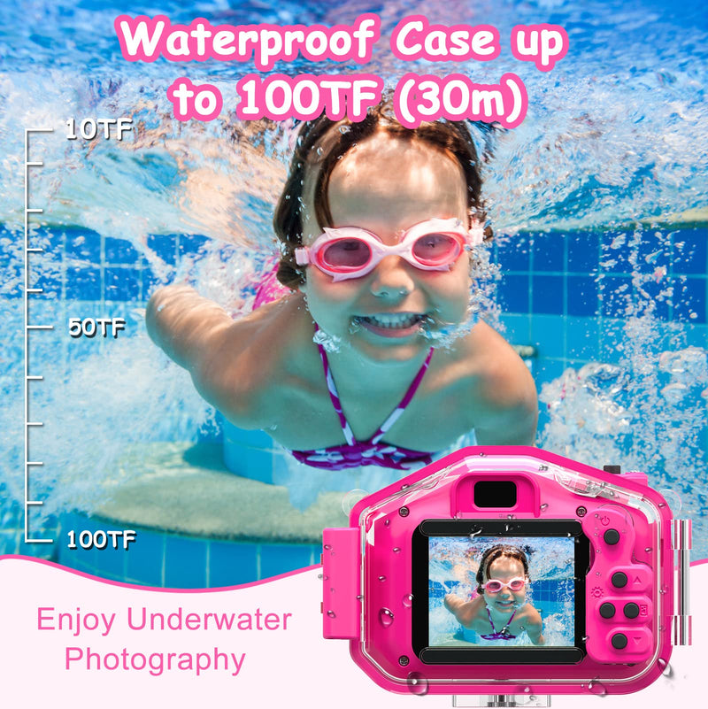 Agoigo Kids Waterproof Camera Toys for 3-12 Year Old Girls Christmas Birthday Gifts, Kids Underwater Sports Camera HD Children Digital Action Camera 2 Inch Screen with 32GB Card (Rose Red) Rose Red