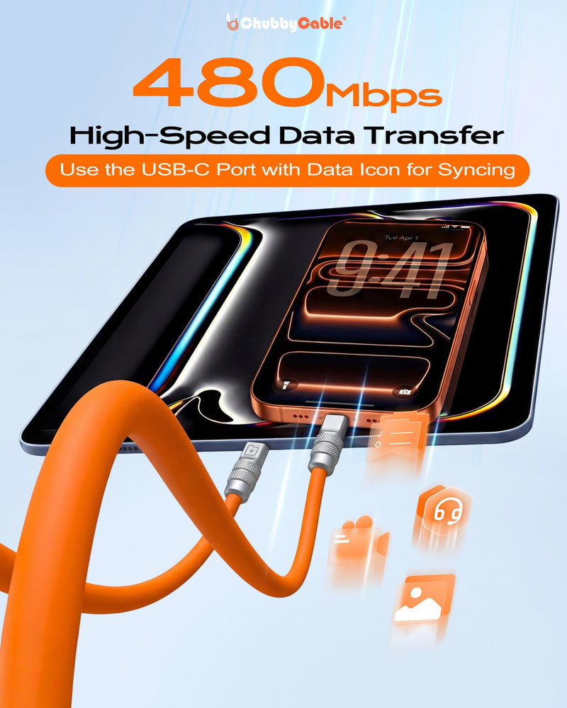 chubbycable 3 in 1 Silicone USB C Cable for Apple Watch, Orange, 4.1FT | Travel Essentials, 100W Fast Charging, Strong Magnetic, 480Mbps Data Transfer, E-Marker Safety Chip, 45,000+ Bend Tested