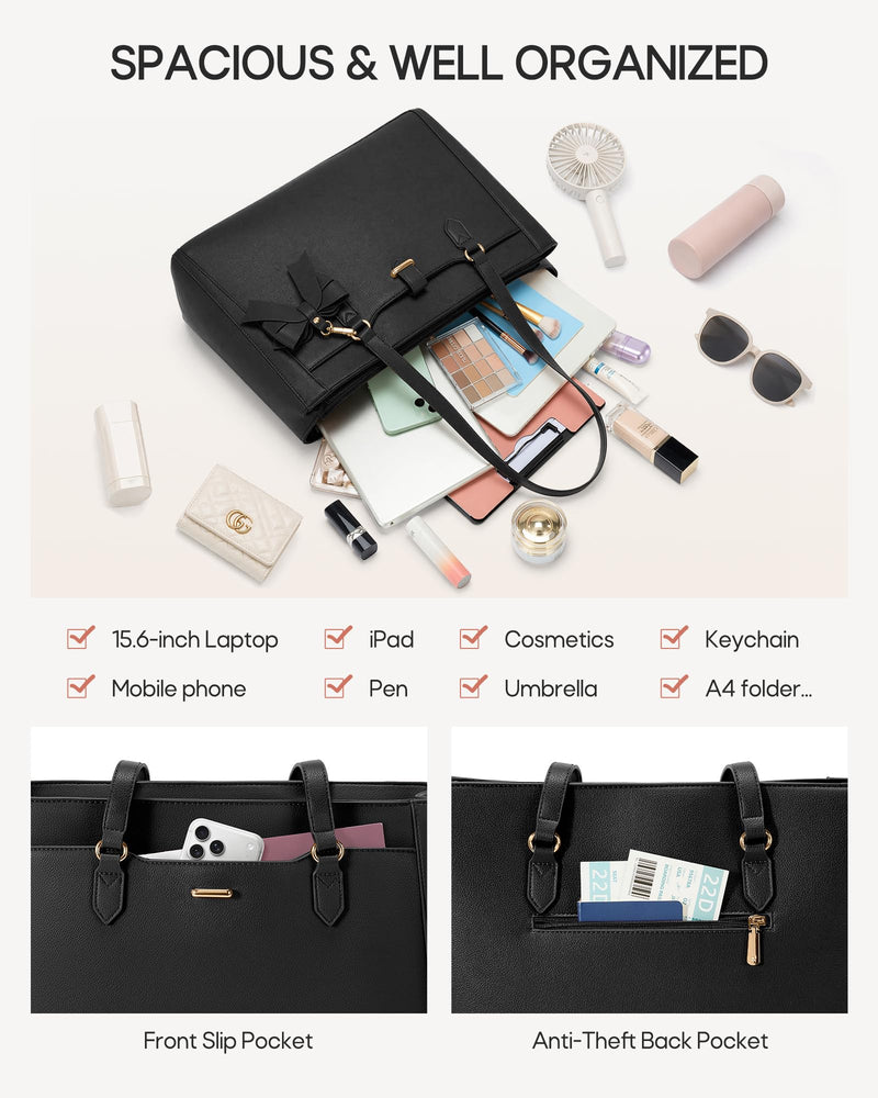 RAINSMORE 15.6" Laptop Tote Bag for Women, Black | Large Capacity Work Bag, Water-Resistant Soft PU Leather, 15.6 Inch Computer Briefcase Handbag for Office College Teacher