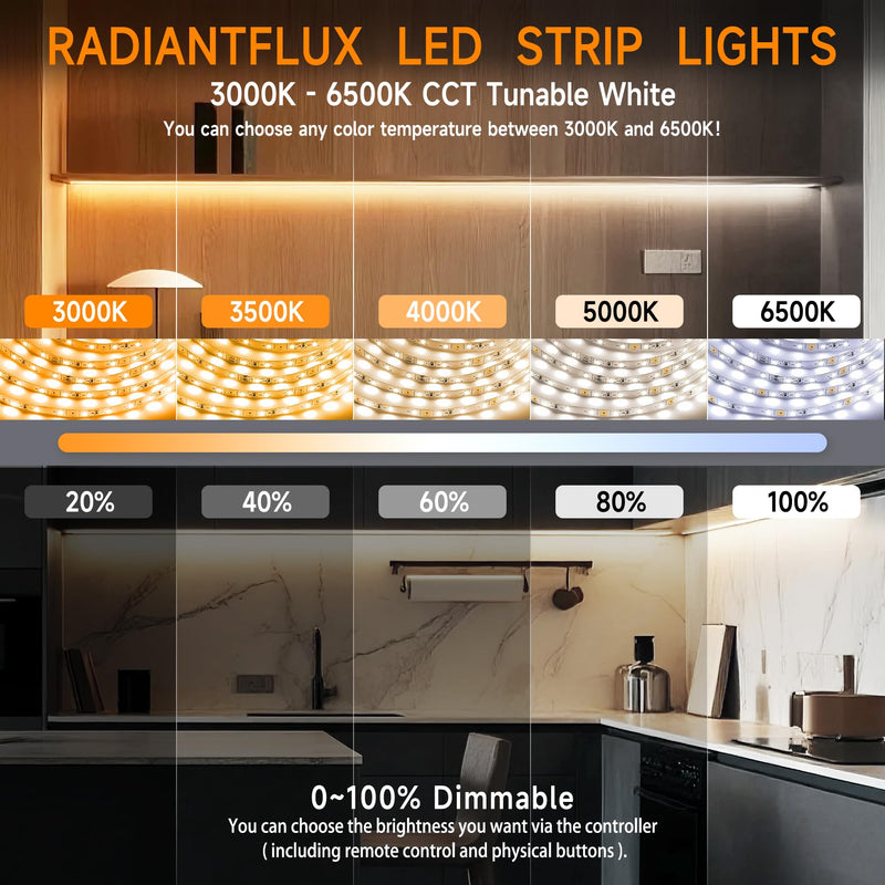 [AUSTRALIA] - 16.4ft Dimmable White LED Strip Light Kit, Dimmable 3000K-6500K, 24V Strip Lights with Remote Control, Flexible LED Strip Light, Eye Protection for Bedroom, Home Lighting, Mirror, Kitchen, Bar Cabinet Multicolor 16.4FT 