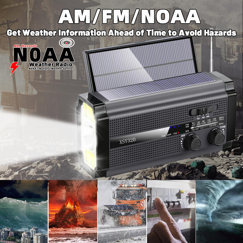 Emergency Crank Weather AM/FM Radio with 2 Solar Panels 5 Charging Modes NOAA Weather Scan 3 Modes Flashlight Cell Phone Charger SOS Alarms for Home Outdoor (Gray) Gray
