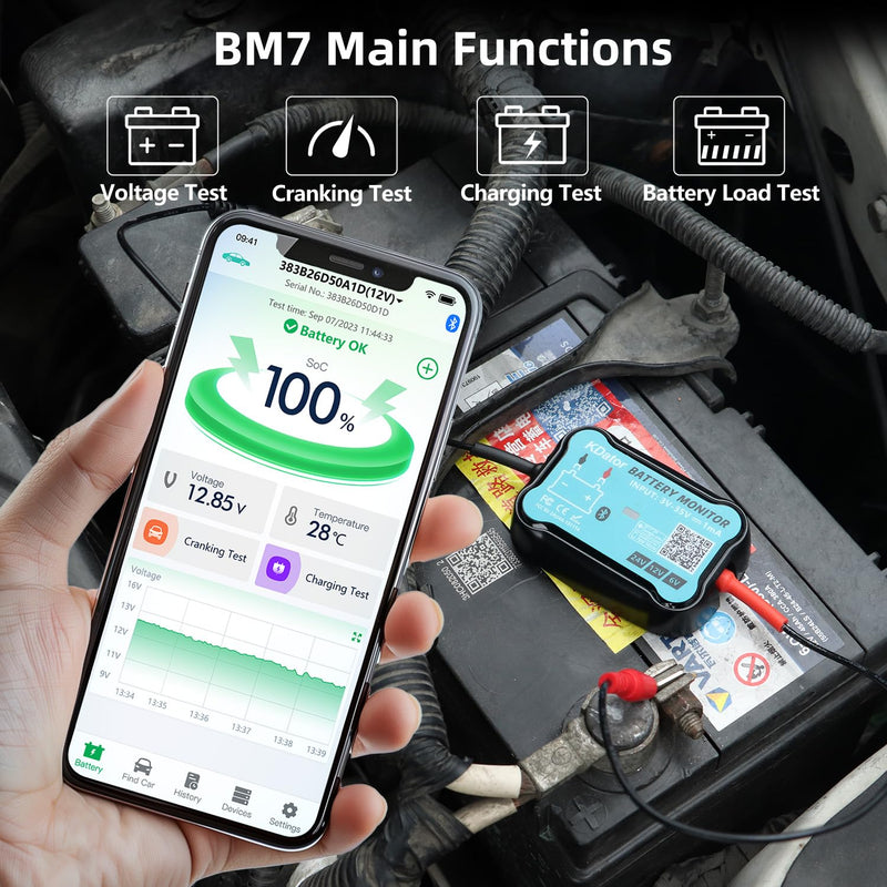 24V 12V 6V Bluetooth Battery Monitor BM7–Work for All Lead-Acid & Lithium Battery with Charging, Cranking System Test & Auto Alarm – Waterproof Voltmeter for Cars, Vans, Trucks, Motorcycles, Boats For 6V-24V Lead-Acid & Lithium Battery