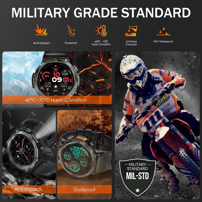 Military Smart Watch for Men with LED Flashlight 1.45" HD 3ATM Waterproof | Rugged Smart Watch with 100+ Sports Modes Fitness Tracker with Heart Rate/Sleep Monitor Tactical Smartwatch for iOS Android Orange