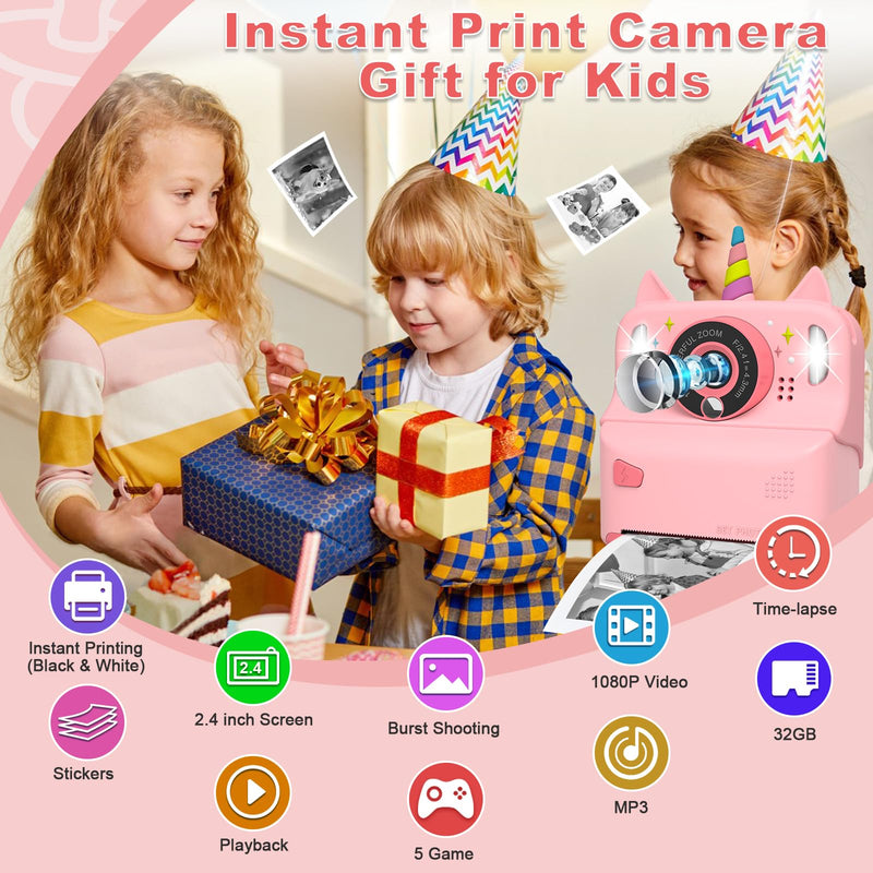 Instant Print Camera for Kids - Christmas Birthday Gift Toy for Girl Boy Age 3-9, Children Selfie Digital Cameras with Cartoon Soft Silicone Cover, Print Black White Photo with 32GB Card (Pink) Pink