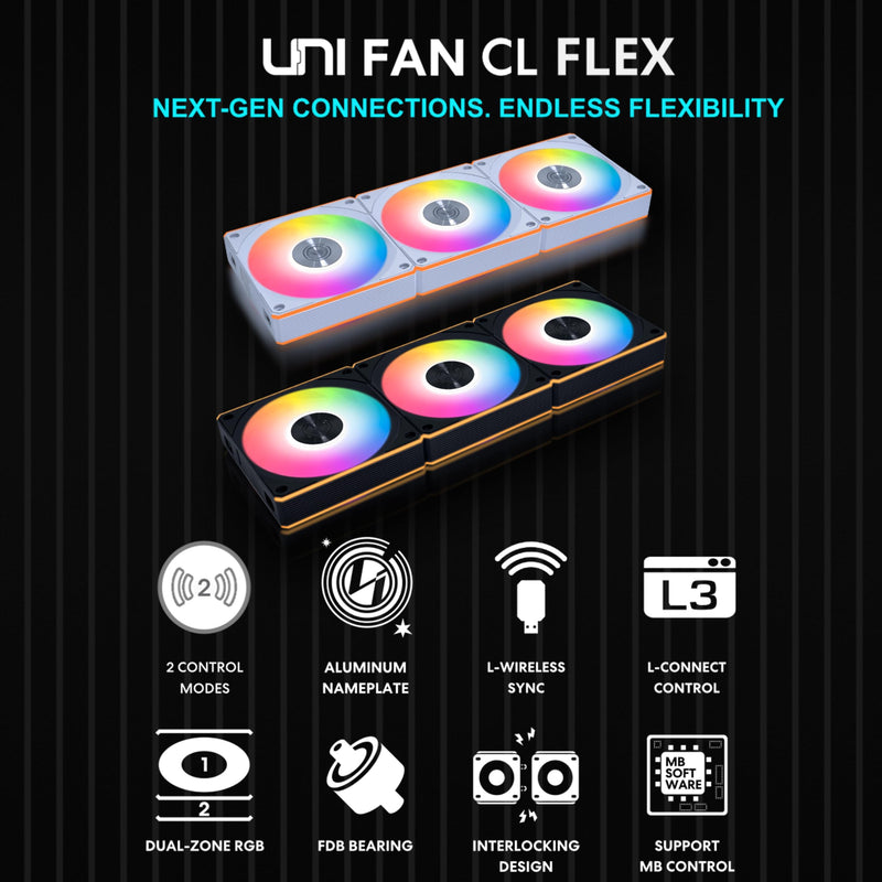 Lian Li UNI Fan CL Flex 120, Reverse Blade ARGB, 3 Pack, White | Controller Included, White (12RCL1F3W) 3 x 120mm