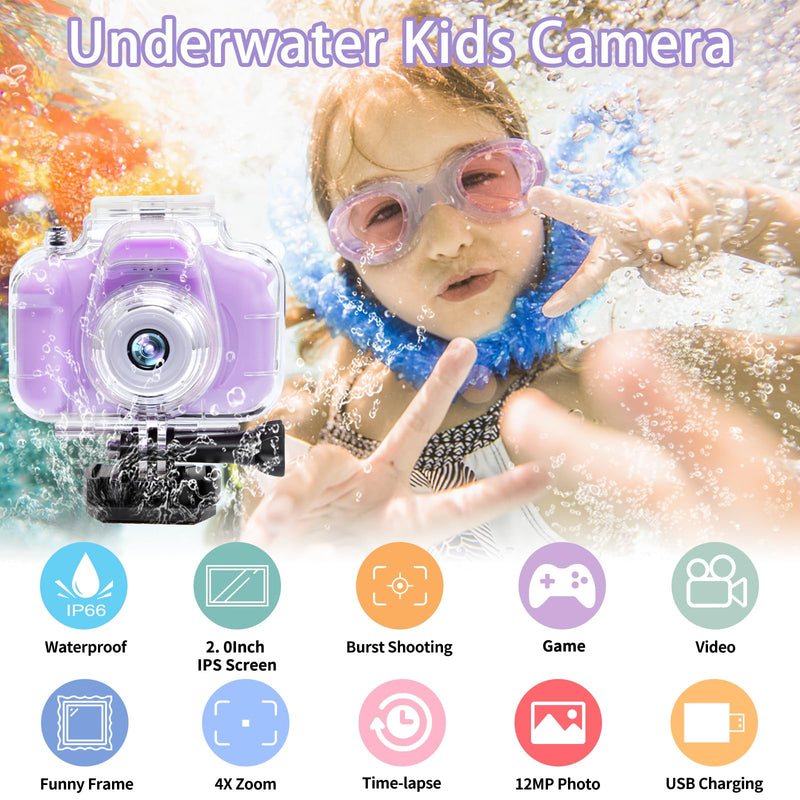 Kids Camera Waterproof Underwater Camera for 3-12 Year Old Boys Girls 2 Inch IPS Screen 1080P HD Digital Kids Video Camera Indoor Outdoor Action Cameras Best Christmas Birthday Gifts Purple