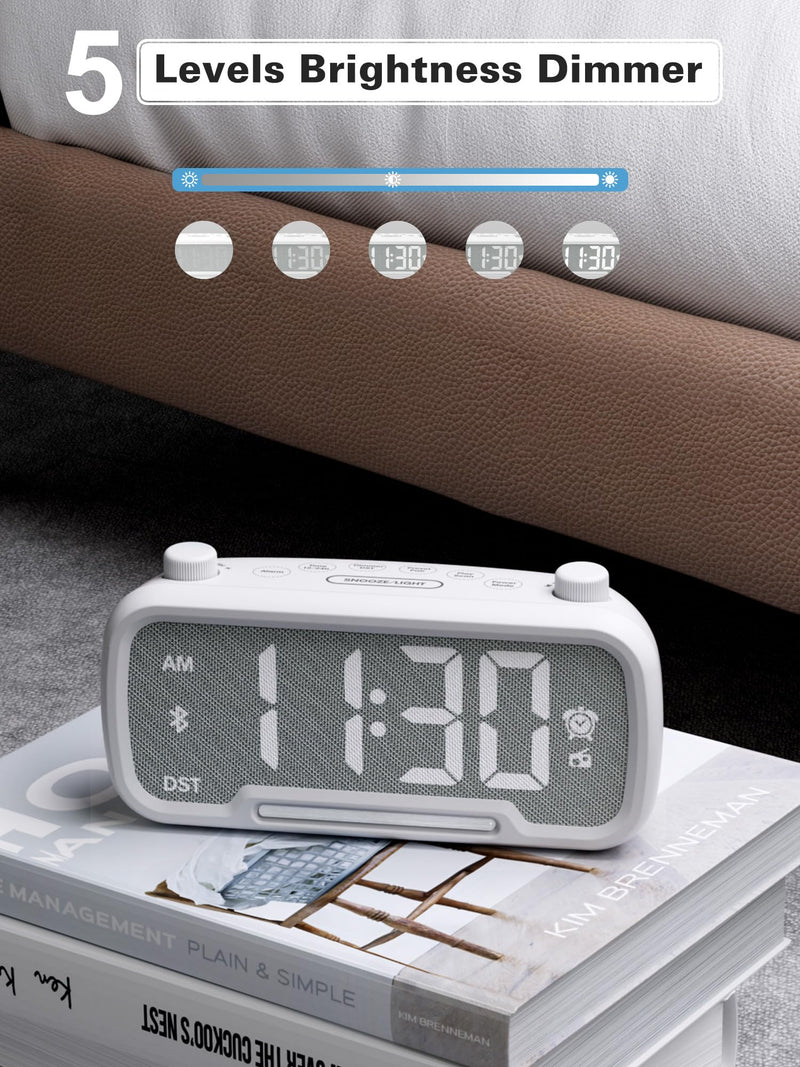 Alarm Clock with Bluetooth Speaker, FM Radio,Bedside Alarm Clock with 2 USB Chargers,Adjustable Dimmer and Volume,12/24H,Snooze,Battery Backup,Plugged in Clock Radio for Adult Kid Heavy Sleeper White