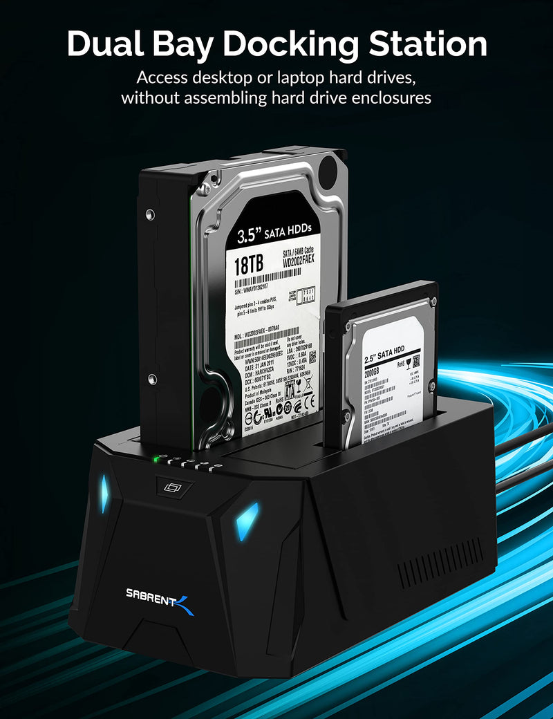 SABRENT USB-C Dual Bay Hard Drive Docking Station & Cloner (EC-CH2B) | 2.5"/3.5" SATA; offline cloning; up to 5Gbps; tool-free installation; hard drive dock; hdd dock; external hard drive dock 2-Bay SATA Dock – USB-C 5Gbps