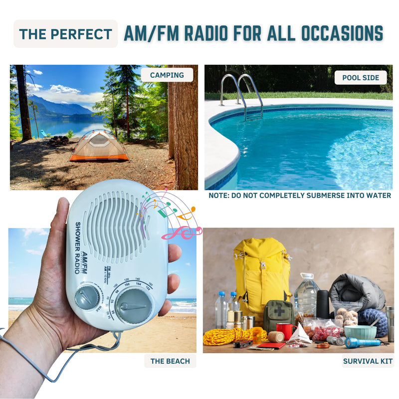 Shower Radio - Includes Carrying or Hanging Strap. Portable Design Perfect for Bathroom, Kitchen, and Outdoor. Built in Speaker, Battery Operated Radio SR