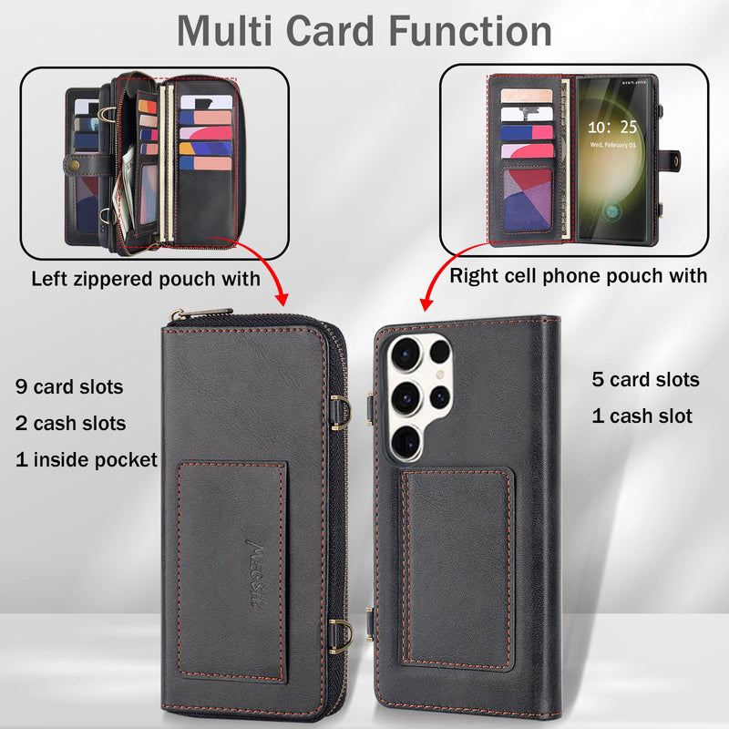 for Samsung Galaxy S24 Ultra Wallet Case,Multi-Function Wallet Case, Detachable 3 in 1 Magnetic Galaxy S24 Ultra Case Wallet,Flip Strap Zipper Card Holder Phone Case with Shoulder Straps(Black) Black