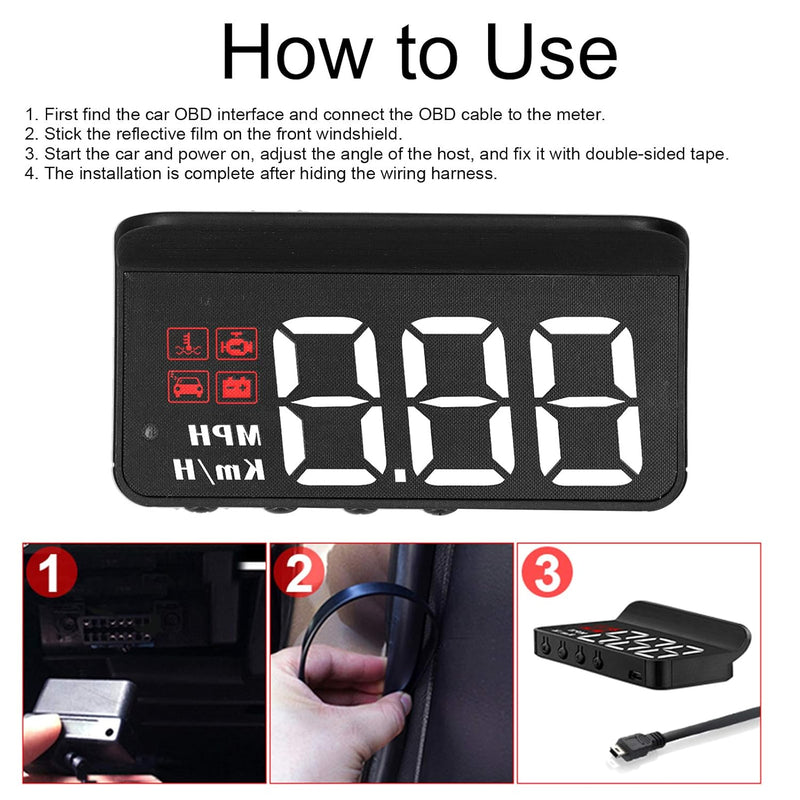OBD2 Head Up Display HUD Windshield Projector, 12V Car Speedometer with Multi‑Function Gauge, Alarm for Overspeed Water Temp Voltage & Fatigue Driving Reminder Universal for Most Petrol Vehicles