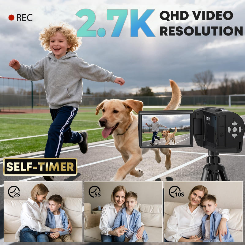 2.7K Video Camera Camcorder QHD 56MP YouTube Vlogging Cameras | 16X Digital Zoom Camcorders Webcam with 32G SD Card 270 Degree Rotation Screen and 2 Batteries Recording While Charging Dark Black
