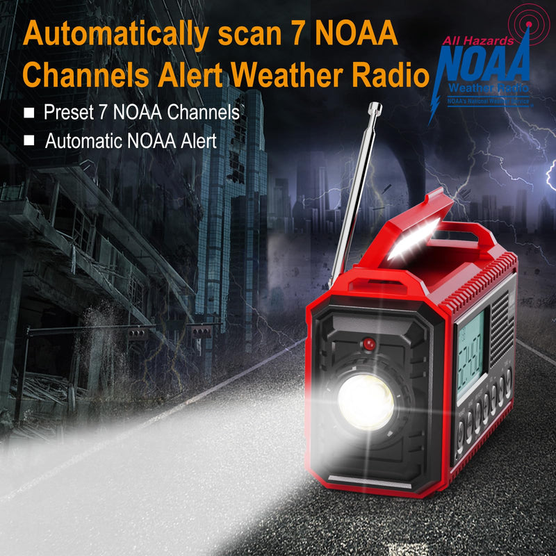 Raynic Emergency Radio, 5000mAh/18500mWh Weather Radio, Solar Hand Crank Emergency Radio with AM/FM/SW/NOAA, Cell Phone Charger, Headphone Jack, Flashlight, Type-C Charging and SOS Siren for Hurricane Red-LCD Display