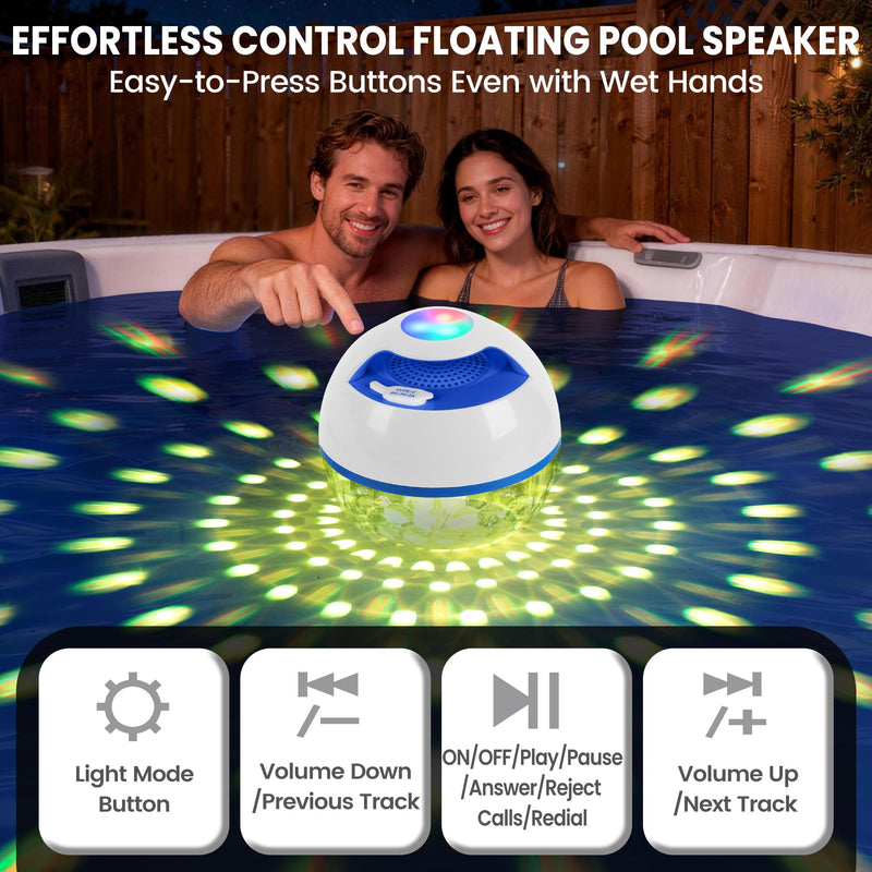Luxfero Floating Bluetooth Pool Speaker with RGB Lights, Hot Tub Speaker | Top & Bottom Lights, Bluetooth 5.4, 6W, 360° Surround Sound, Hands-free Call, IP68 Waterproof, Type-C Charging, Portable White