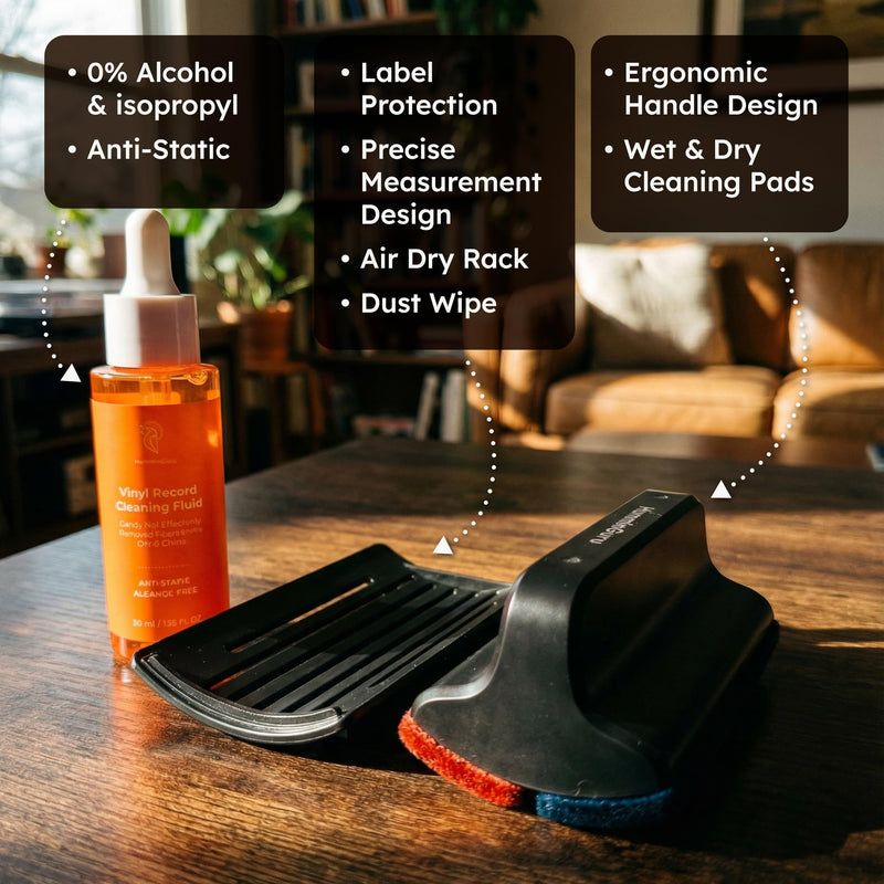 HumminGuru I-Brush Vinyl Record Cleaning Kit, Anti-Static Vinyl Record Cleaner Kit with Dual Velvet Pads Vinyl Record Brush + Alcohol-Free Record Cleaning Solution + LP Brush Holder (Orange: I-Brush) Orange: I-brush