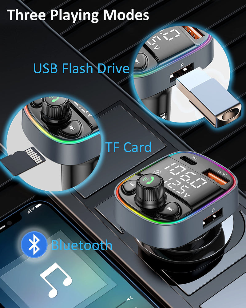 LIHAN AUX USB C Bluetooth Car Adapter, Wireless Handsfree Call, Plug for FM Transmitter Radio Receiver, QC3.0 & Type-C USB Car Charger Port, 7 Color Backlit with 2 LED Displays, TF Card & Music Player