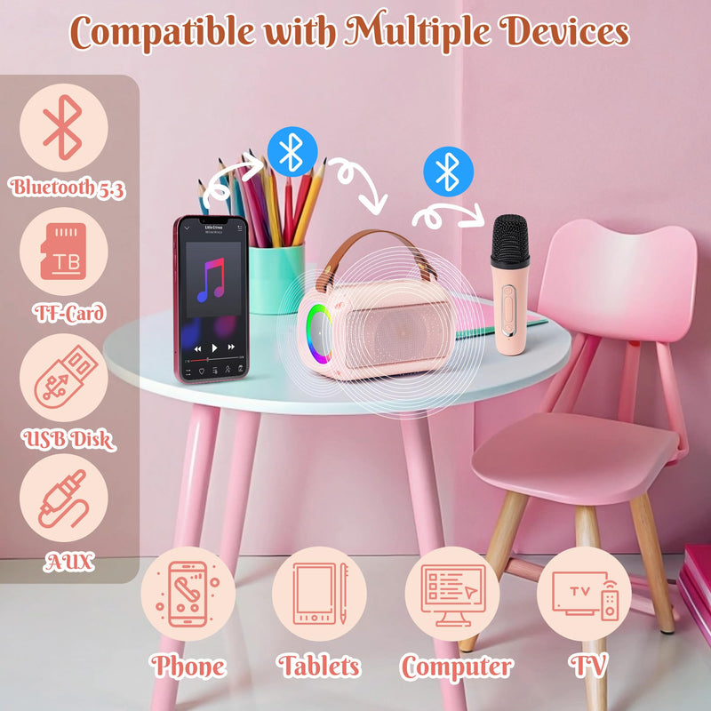 [AUSTRALIA] - MALLMALL6 Mini Karaoke Machine with 2 Wireless Microphone for Kids Portable Bluetooth 5.3 Karaoke Mic LED Color Lights Speaker Christmas Birthday Family Home Party Toys Gift for Boys Girls Pink 