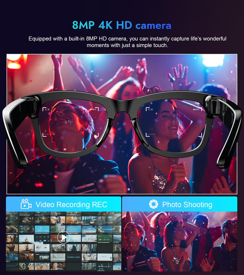 AI Smart Glasses with 8MP 800W Camera for 1080P Video Recording 12min & HD Photo, Bluetooth Real-Time Translation,AI Voice Assistant,Object Recognition,Music Player Gift of Lover,Traveler (large)