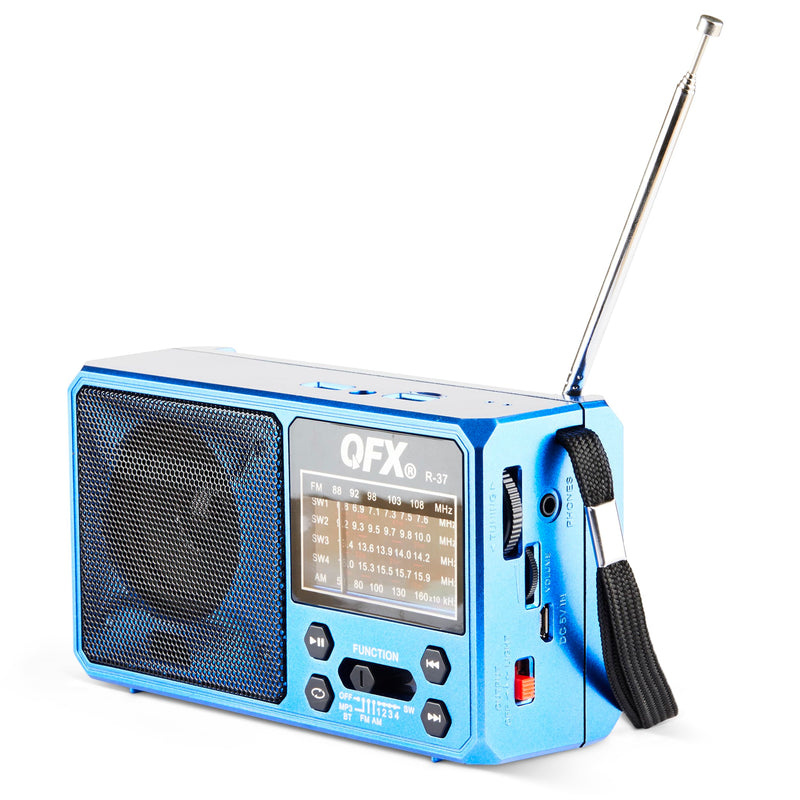 QFX R-37-BL 6-Band (AM, FM, SW1 - SW4) Bluetooth LED Flashlight Solar Radio (2021 Model)