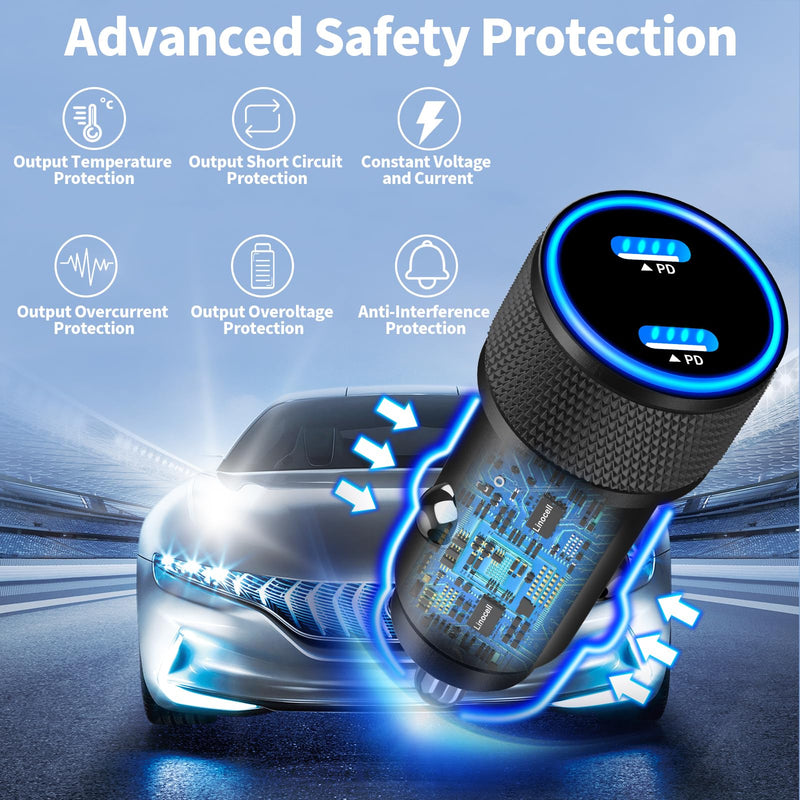 [Apple MFi Certified] iPhone Fast Car Charger, Linocell 90W Dual PD Car Power Cigarette Lighter USB-C Car Carplay Charger with 2Pack Type-C Braided Cable for iPhone 16/16 Pro/16 Pro Max/15/15 Pro/iPad Titanium Black Dual USB-C