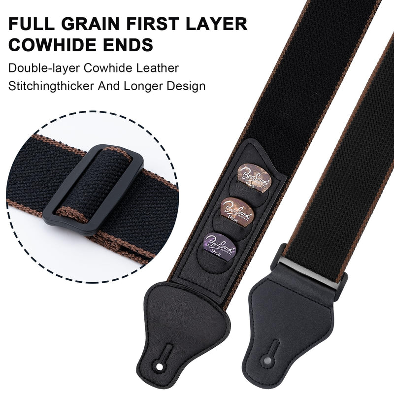 BestSounds Guitar Strap - Strap for Acoustic, Electric and Bass Guitars with Leather Head and Pick Holder Pockets Black