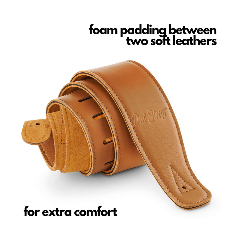Leather Guitar Strap | for Electric, Acoustic, Electro-Acoustic, Bass, and Classical Guitar | Padded for Extra Comfort | Light Brown | Includes 2 FREE Pick Geek Steel Picks Standard